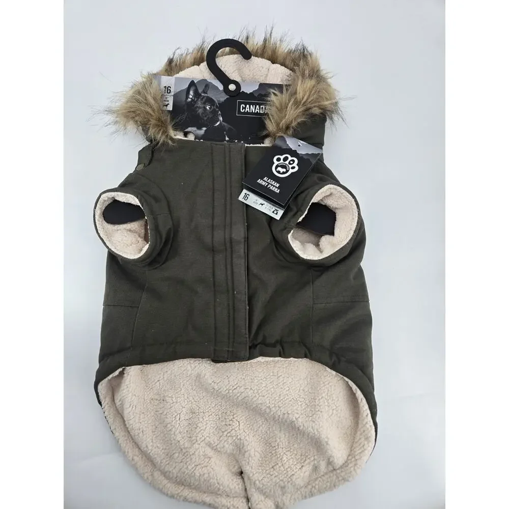 Canada Pooch Faux Fur Trim Sherpa Alaska Parka Army Green Dog Jacket Sz 16 NEW
